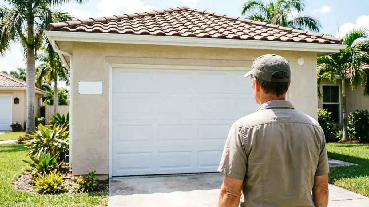 A technician in a cap stands facing a white garage door on a sunny day.