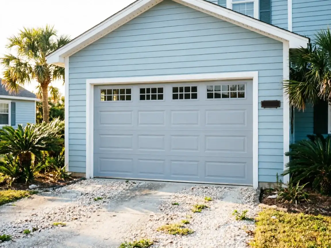 A light blue house has a closed gray garage door with windows.