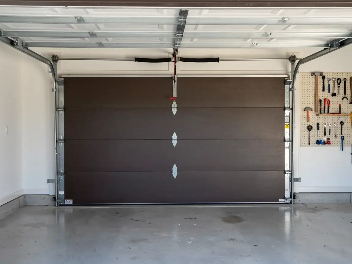 A brown garage door is closed, with tools hanging on a pegboard to the right.