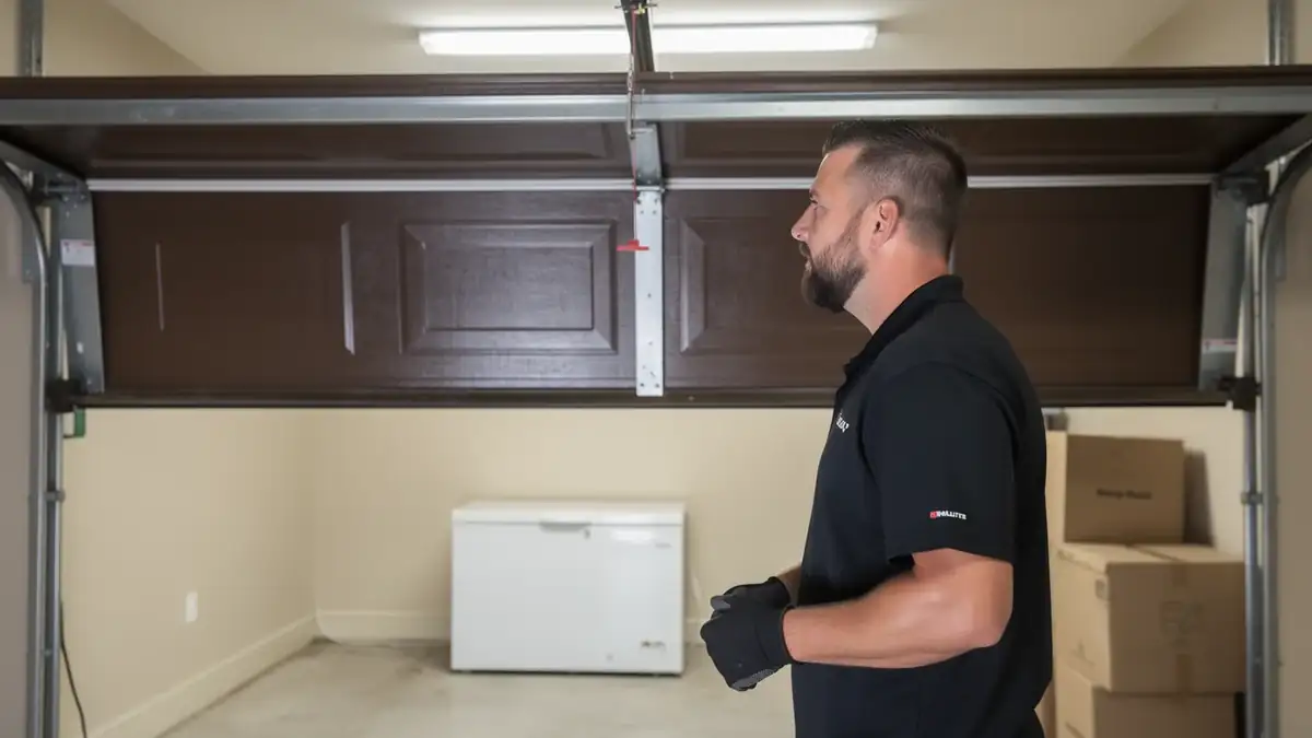 A technician stands in a garage looking at a brown garage door.