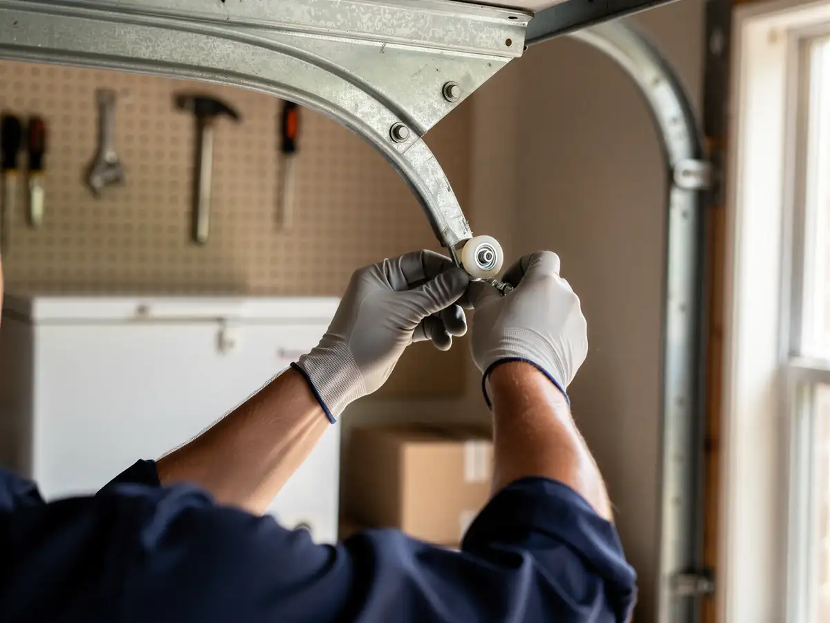 A technician wearing gloves is installing a new roller on a garage door track.