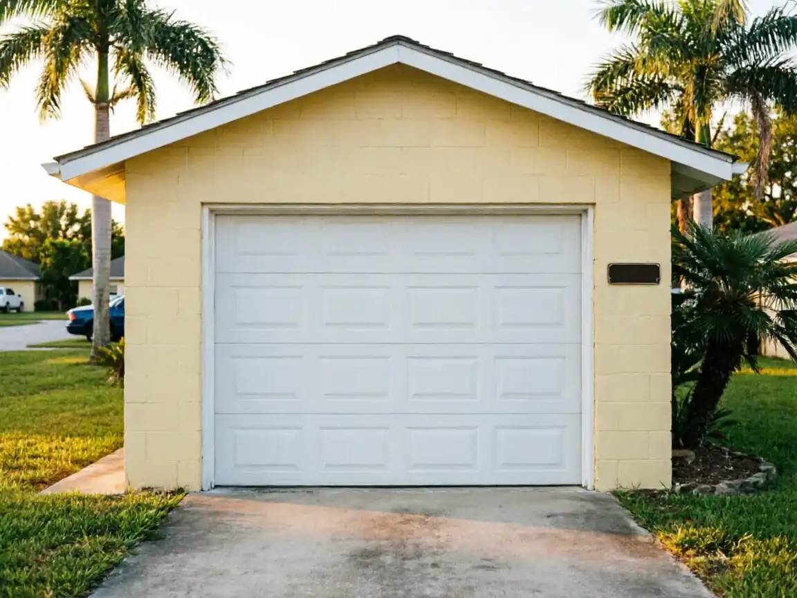 A white garage door is on a yellow garage with palm trees in the background.