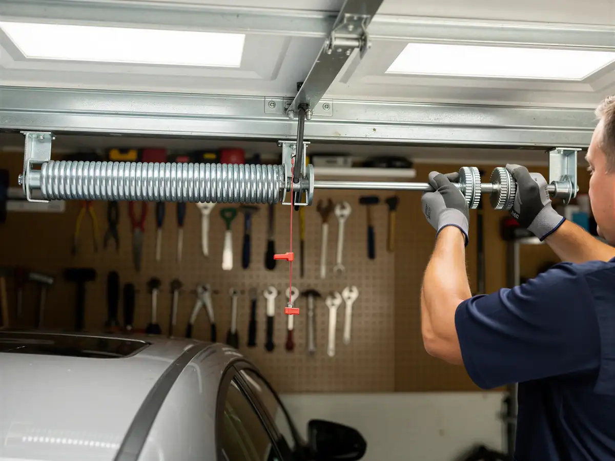 A technician adjusts a garage door torsion spring above a car.